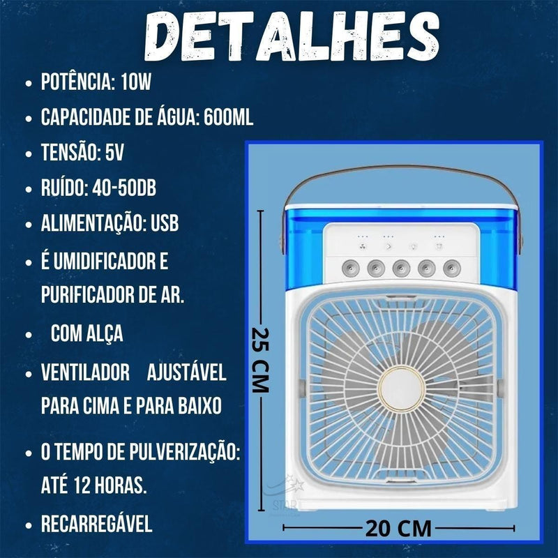 Mini Ventilador Portátil 3 Velocidades LED Preto 600ml